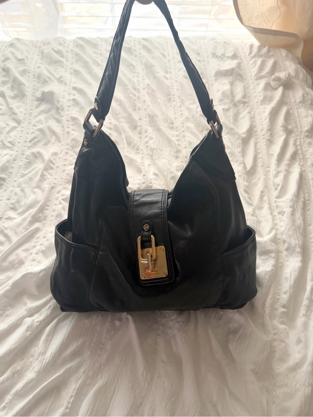 Michael Kors Black Leather Shoulder Bag with Gold Hardware